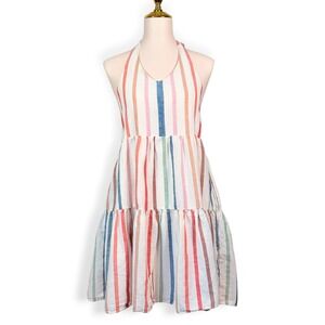 American Eagle Halter Dress L Multi Striped Coastal Linen Blend Tiered Smocked